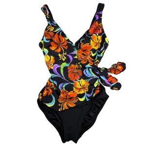 Longitude Swimsuit Women's Size 10 Black Floral Hibiscus Wrap Front One Piece